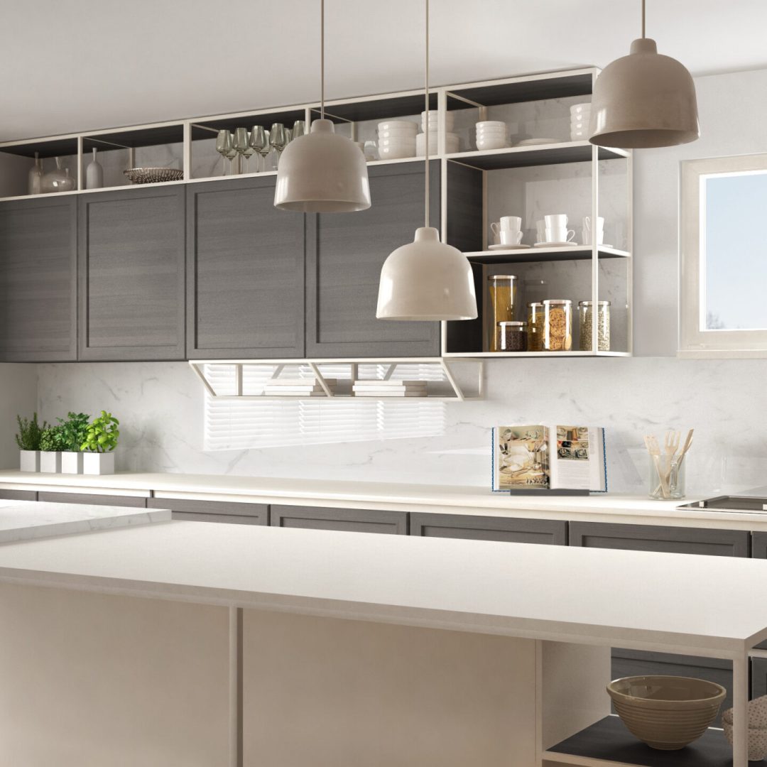 Modern,White,And,Gray,Kitchen,With,Wooden,Details,And,Parquet