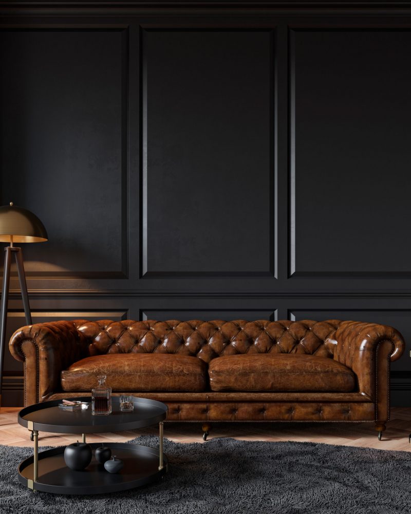Modern,Classic,Black,Interior,With,Capitone,Brown,Leather,Chester,Sofa, Modern,Classic,Black,Interior,With,Capitone,Brown,Leather,Chester,Sofa,